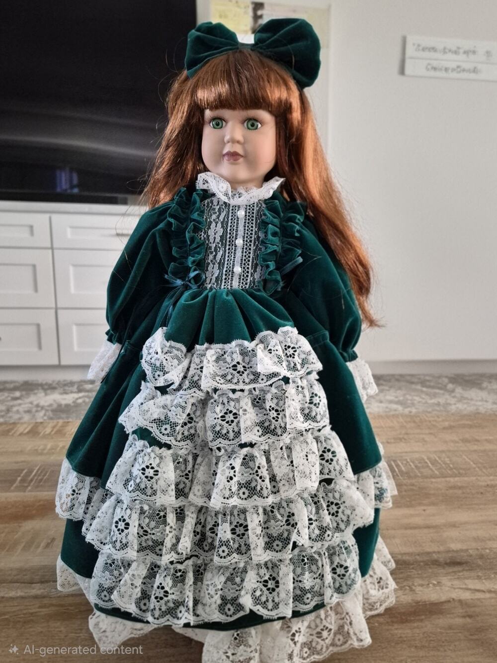 Porcelain Face and Hands 20" Tall Vintage Doll Red Hair Green Eyes/velvet Dress